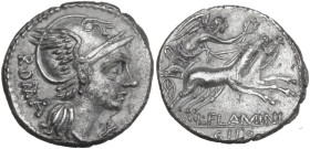 L. Flaminius Chilo. AR Denarius, 109 or 108 BC. Obv. Helmeted head of Roma right; behind, ROMA; below chin, X. Rev. Victory in biga right; below, L·FL...