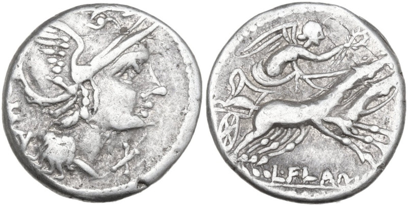 L. Flaminius Chilo. AR Denarius, 109 or 108 BC. Obv. Helmeted head of Roma right...