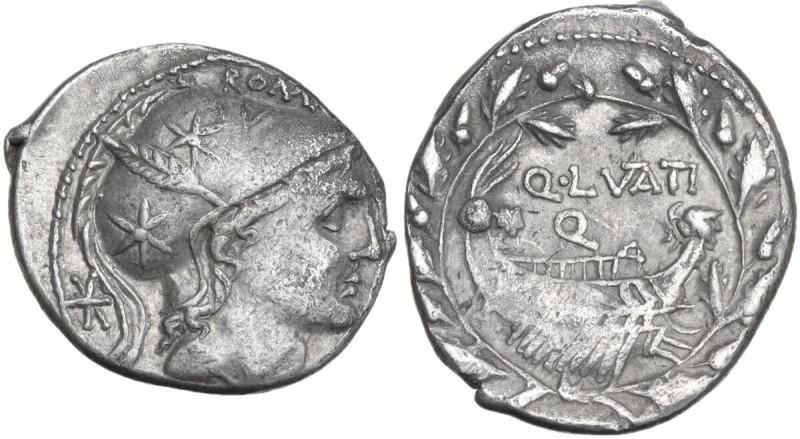 Q. Lutatius Cerco. AR Denarius, 109 or 108 BC. Obv. Helmeted head of Roma right;...