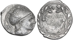 Q. Lutatius Cerco. AR Denarius, 109 or 108 BC. Obv. Helmeted head of Roma right; above, ROMA; behind, barred X; below chin, CERCO. Rev. Ship right; ab...