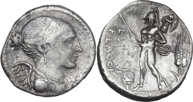 L. Valerius Flaccus. AR Denarius, 108 or 107 BC. Obv. Draped bust of Victory rig...