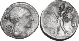 L. Valerius Flaccus. AR Denarius, 108 or 107 BC. Obv. Draped bust of Victory right; below chin, barred X. Rev. Mars walking left, holding spear and tr...