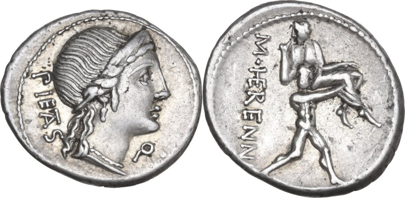 M. Herennius. AR Denarius, 108 or 107 BC. Obv. Diademed head of Pietas right; be...