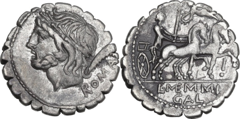 L. Memmius Galeria. AR Denarius serratus, 106 BC. Obv. Laureate head of Saturn l...