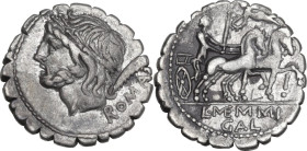 L. Memmius Galeria. AR Denarius serratus, 106 BC. Obv. Laureate head of Saturn left; behind, harpa and ROMA. Rev. Venus in biga right; above, flying C...