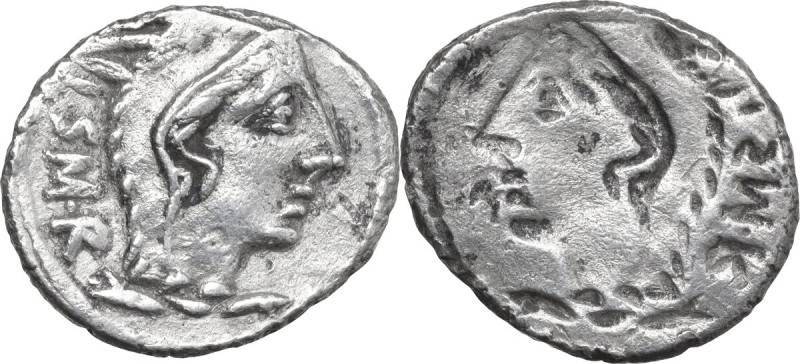 L. Thorius Balbus. AR Brockage Denarius, 105 BC. Obv. Head of Juno Sospita right...
