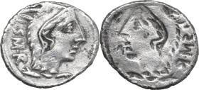 L. Thorius Balbus. AR Brockage Denarius, 105 BC. Obv. Head of Juno Sospita right, wearing goat-skin; behind, I·S·M·R. Rev. Incuse of the obverse. Cr. ...