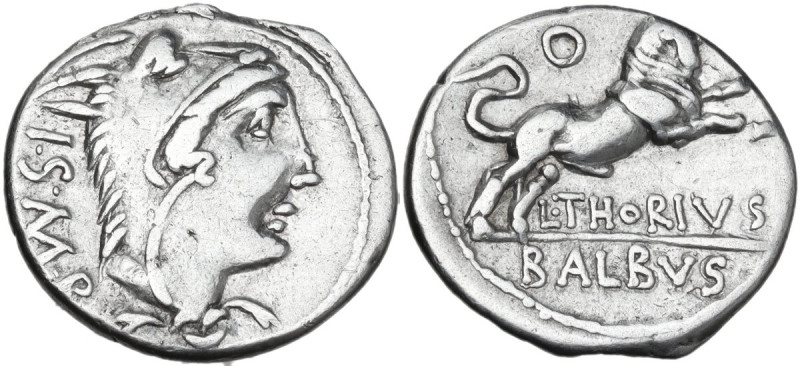L. Thorius Balbus. AR Denarius, 105 BC. Obv. Head of Juno Sospita right, wearing...