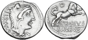 L. Thorius Balbus. AR Denarius, 105 BC. Obv. Head of Juno Sospita right, wearing goat-skin; behind, I·S·M·R. Rev. Bull charging right; above, control-...