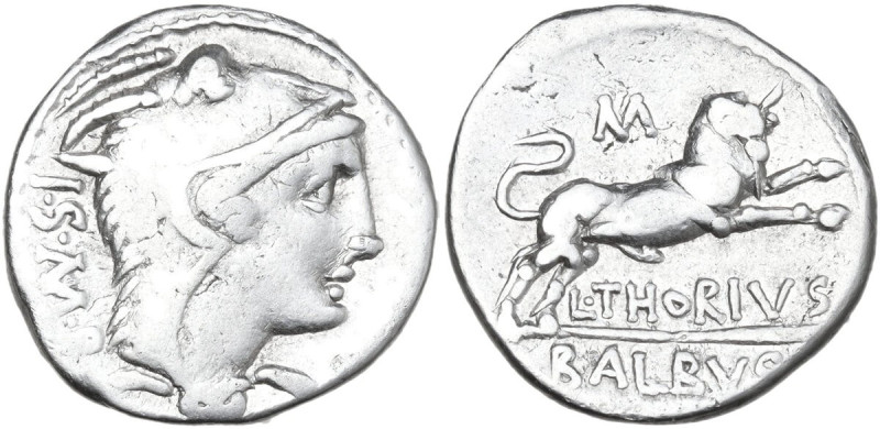 L. Thorius Balbus. AR Denarius, 105 BC. Obv. Head of Juno Sospita right, wearing...