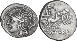 L. Appuleius Saturninus. AR Denarius, 104 BC. Obv. Helmeted head of Roma left. Rev. Saturn in quadriga right; above, L between two pellets; in exergue...