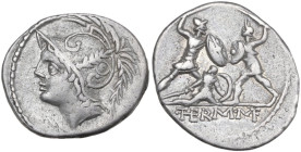 Q. Thermus M.f. AR Denarius, 103 BC. Obv. Helmeted bust of Mars left. Rev. Roman soldier fighting enemy in protection of fallen comrade; in exergue, Q...
