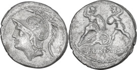 Q. Thermus M.f. AR Denarius, 103 BC. Obv. Helmeted head of Mars left. Rev. Roman soldier fighting enemy in protection of fallen comrade; in exergue, Q...