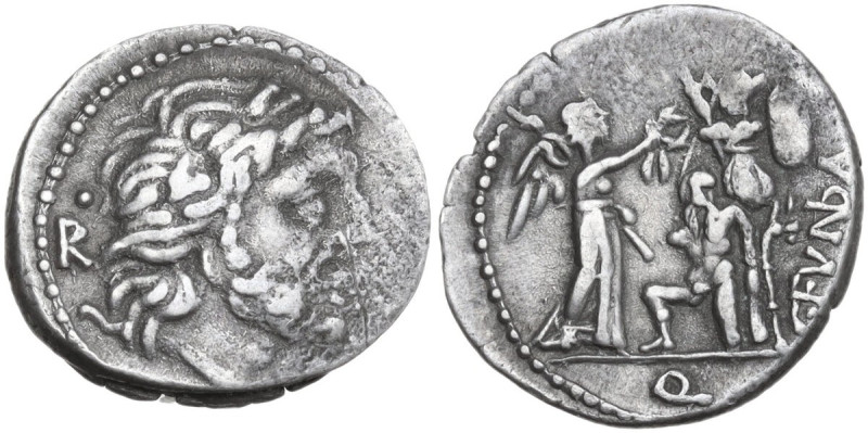 C. Fundanius. AR Quinarius, 101 BC. Obv. Laureate head of Jupiter right; behind,...