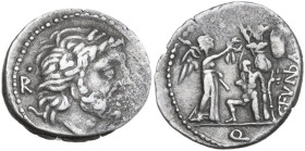 C. Fundanius. AR Quinarius, 101 BC. Obv. Laureate head of Jupiter right; behind, control-mark. Rev. Victory standing right, crowning trophy, beside wh...