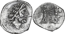 T. Cloulius. AR Quinarius, 98 BC. Obv. Laureate head of Jupiter right; below, control-mark. Rev. Victory standing right, crowning trophy; before troph...