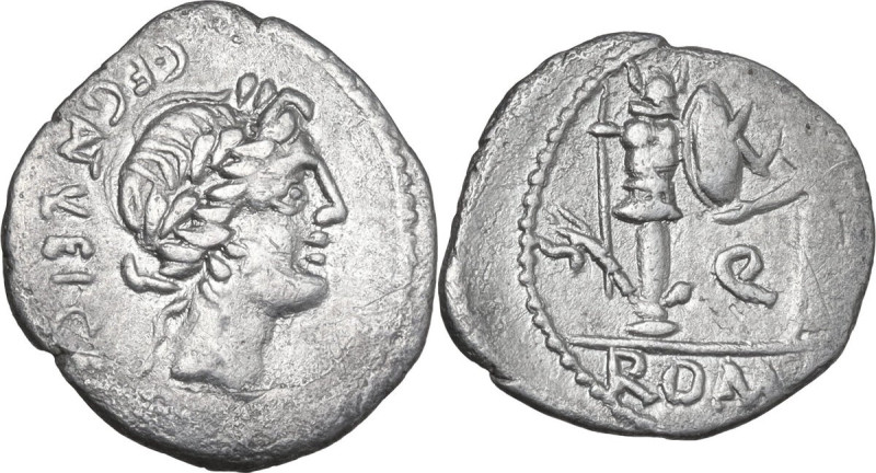 C. Egnatuleius. AR Quinarius, 97 BC. Obv. Laureate head of Apollo right; behind,...