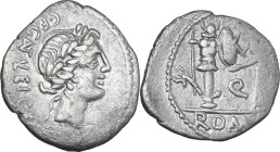 C. Egnatuleius. AR Quinarius, 97 BC. Obv. Laureate head of Apollo right; behind, C·EGNATVLEI·C·F·Q (NAT and VL ligate). Rev. Victory left inscribing s...