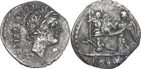 C. Egnatuleius. AR Quinarius, 97 BC. Obv. Laureate head of Apollo right; behind, C·EGNATVLEI·C·F·Q (NAT and VL ligate). Rev. Victory left inscribing s...