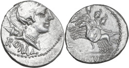 C. Publicius Malleolus, A. Postumius Sp. f. Albinus and L. Metellus. AR Denarius, late 90s BC. Obv. Draped bust of Diana right, bow and quiver over sh...