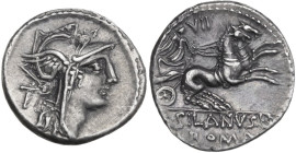 D. Junius Silanus L.f. AR Denarius, 91 BC. Obv. Helmeted head of Roma right; behind, T. Rev. Victory in biga right; above, VII; in exergue, D·SILANVS·...