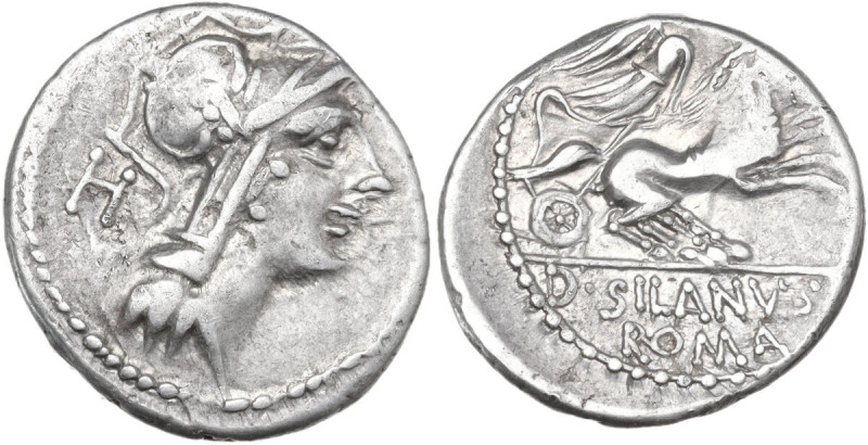 D. Junius Silanus L.f. AR Denarius, 91 BC. Obv. Helmeted head of Roma right; beh...