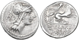 D. Junius Silanus L.f. AR Denarius, 91 BC. Obv. Helmeted head of Roma right; behind, H. Rev. Victory in biga right; [above, control-mark]; in exergue,...