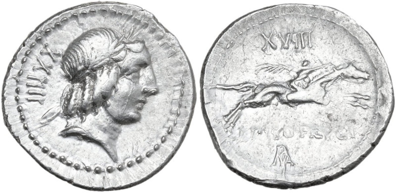 L. Calpurnius Piso Frugi. AR Denarius, 90 BC. Obv. Laureate head of Apollo right...