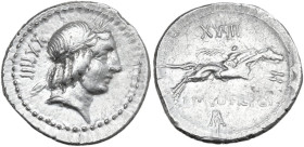 L. Calpurnius Piso Frugi. AR Denarius, 90 BC. Obv. Laureate head of Apollo right; behind, XXIIII. Rev. Horseman galloping right holding whip; above, X...