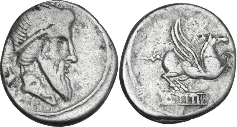 Q. Titius. AR Denarius, 90 BC. Obv. Head of Mutinus Titinus-Priapus right, weari...