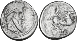 Q. Titius. AR Denarius, 90 BC. Obv. Head of Mutinus Titinus-Priapus right, wearing winged diadem. Rev. Pegasus prancing right; below, Q.TITI in linear...