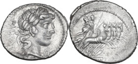 C. Vibius Pansa. AR Denarius, 90 BC. Obv. Laureate head of Apollo right; behind, PANSA; below chin, wreath. Rev. Minerva in quadriga right; in exergue...