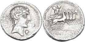 C. Vibius Pansa. AR Denarius, 90 BC. Obv. Laureate head of Apollo right; behind, PANSA; below chin, control-mark. Rev. Minerva in quadriga right; in e...