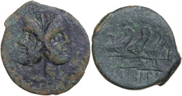 C. Vibius C. f. Pansa. AE As, 90 BC. Obv. Laureate head of Janus. Rev. Three prows right; before, mark of value and in exergue, [C] VIBI A[VR (ligate)...