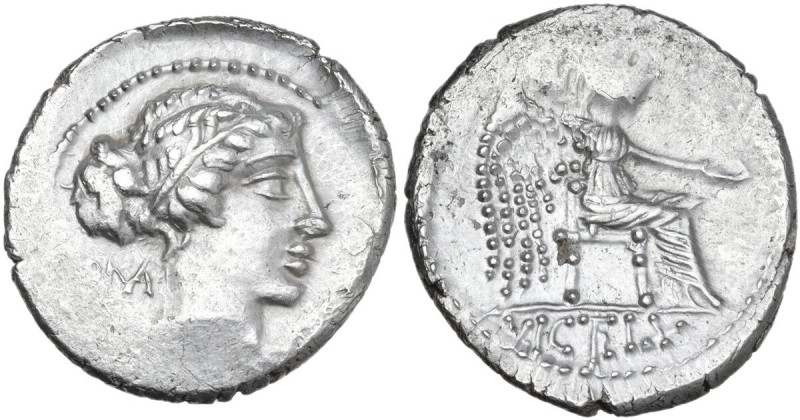 M. Cato. AR Denarius, 89 BC. Obv. Female draped bust right; behind, [R]OMA (MA l...