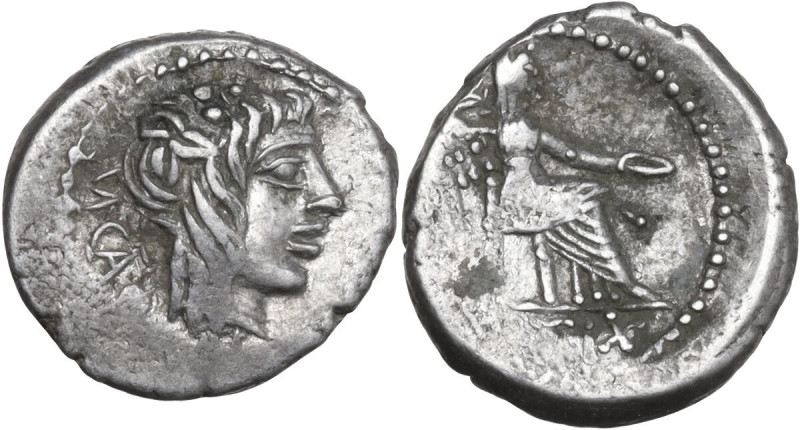 M. Cato. AR Quinarius, 89 BC. Obv. Head of Liber right, wearing ivy-wreath; behi...