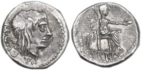 M. Cato. AR Quinarius, 89 BC. Obv. Head of Liber right, wearing ivy-wreath; behind, M·CATO (AT ligate); below, control-mark. Rev. Victory seated right...