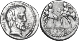 L. Titurius L.f. Sabinus. AR Denarius, 89 BC. Obv. Bearded head of King Tatius right; behind, SABIN; before, TA (ligate). Rev. Rape of the Sabine wome...
