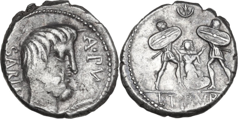 L. Titurius L. f. Sabinus. AR Denarius, 89 BC. Obv. SABIN. A.PV. Head of King Ta...