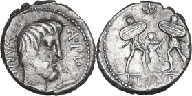L. Titurius L. f. Sabinus. AR Denarius, 89 BC. Obv. SABIN. A.PV. Head of King Tatius right; palm frond below chin. Rev. Tarpeia stands facing between ...