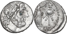 Cn. Cornelius Lentulus Clodianus. AR Quinarius, 88 AD. Obv. Laureate head of Jupiter right. Rev. Victory standing right, crowning trophy; in exergue, ...
