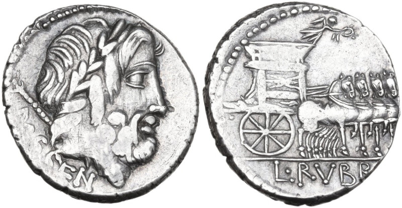 L. Rubrius Dossenus. Denarius, 87 BC. Obv. Laureate head of Jupiter right, scept...