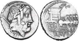 L. Rubrius Dossenus. Denarius, 87 BC. Obv. Laureate head of Jupiter right, sceptre over shoulder; below DOSSEN. Rev. Triumphal chariot right, decorate...