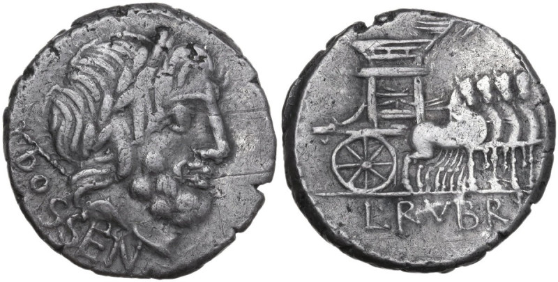 L. Rubrius Dossenus. AR Denarius, 87 BC. Obv. Laureate head of Jupiter right, sc...