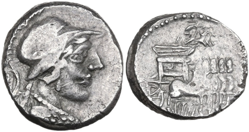 L. Rubrius Dossenus. AR Denarius, 87 BC. Obv. Helmeted bust of Minerva right, we...
