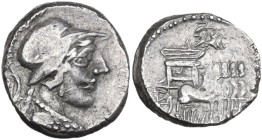 L. Rubrius Dossenus. AR Denarius, 87 BC. Obv. Helmeted bust of Minerva right, wearing aegis; behind, DOS. Rev. Triumphal chariot right, decorated with...