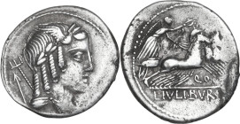 L. Julius Bursio. AR Denarius, 85 BC. Obv. Male head right, with the attributes of Apollo, Mercury and Neptune; behind, spear. Rev. Victory in quadrig...
