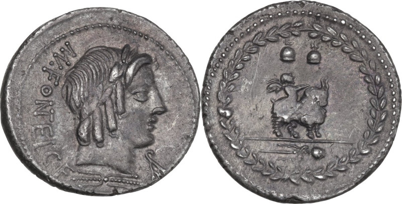 Mn. Fonteius C.f. AR Denarius, 85 BC. Obv. Laureate head of Apollo right; below,...