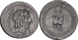 Mn. Fonteius C.f. AR Denarius, 85 BC. Obv. Laureate head of Apollo right; below, thunderbolt; behind, MN·FONTEI·C·F (MN and NT ligate); before, ROMA i...