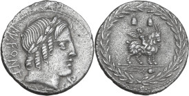 Mn. Fonteius C.f. AR Denarius, 85 BC. Obv. Laureate head of Apollo right; below, thunderbolt; behind, MN·FONTEI·C·F (MN and NT ligate); before, ROMA i...